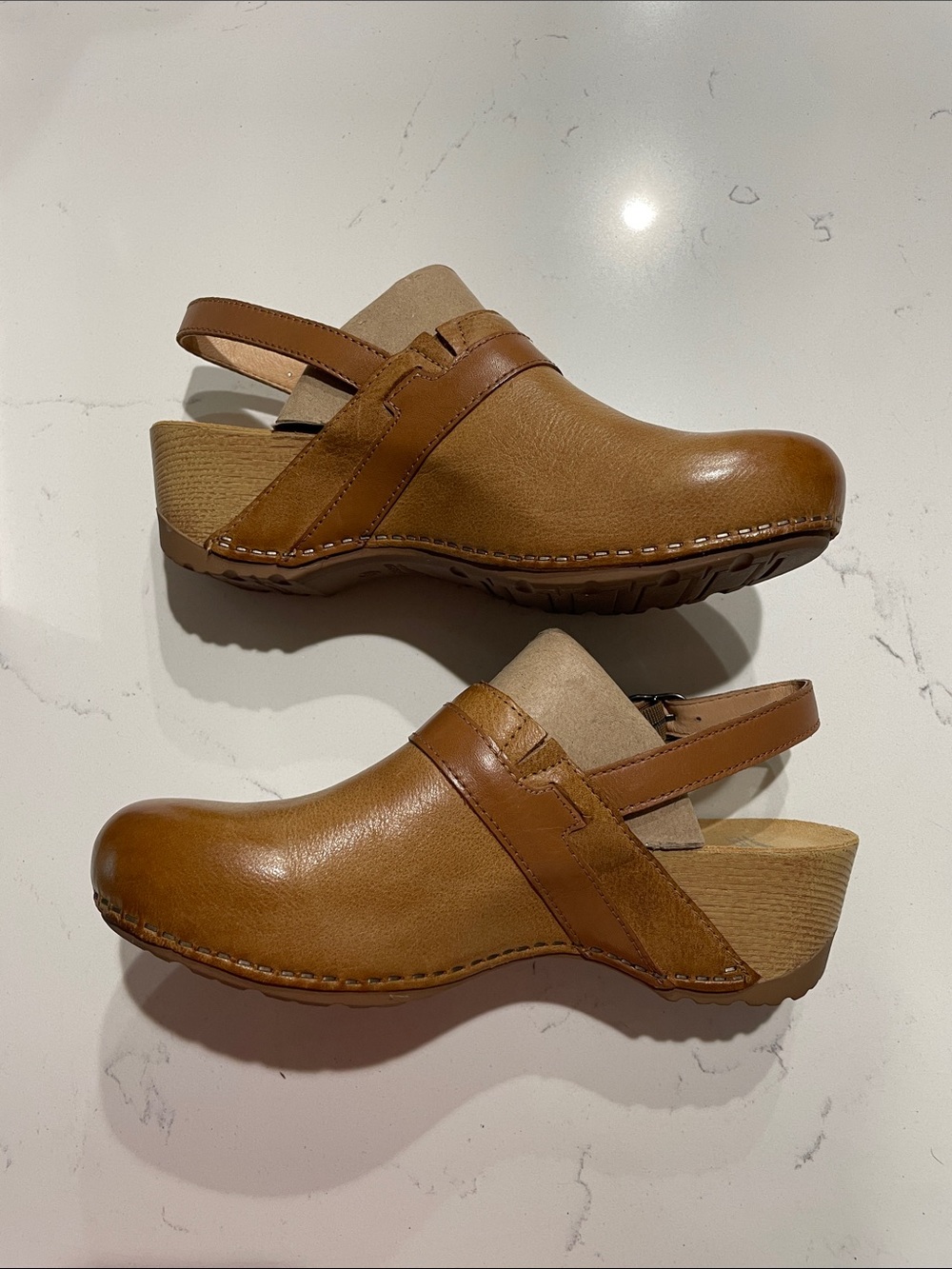 Dansko Tan Leather Slingback Clogs